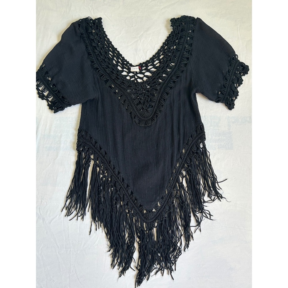 Vivid Importers Black Crochet Fringe Boho Festival Top XL 8747